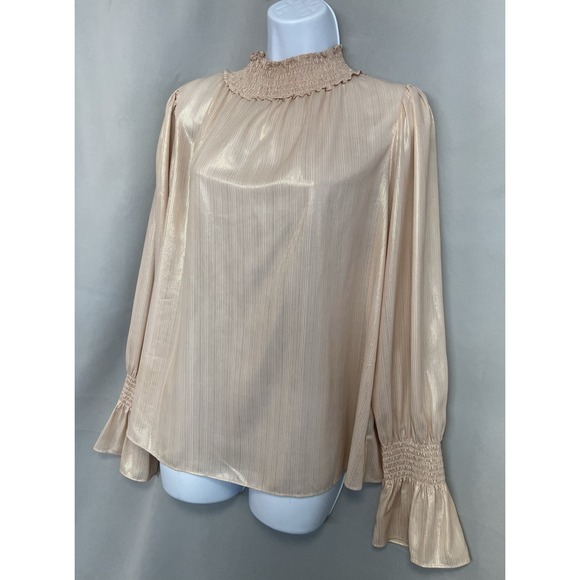 Worthington women's smocked mock-neck long-sleeve Pink Metálic Large - Picture 2 of 8